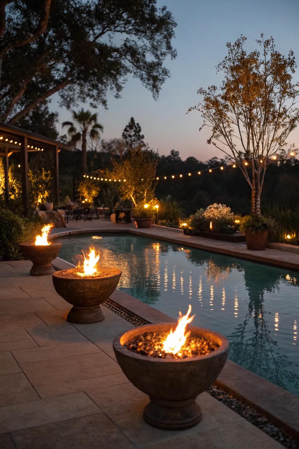 A captivating combination of fire and water features by the pool.