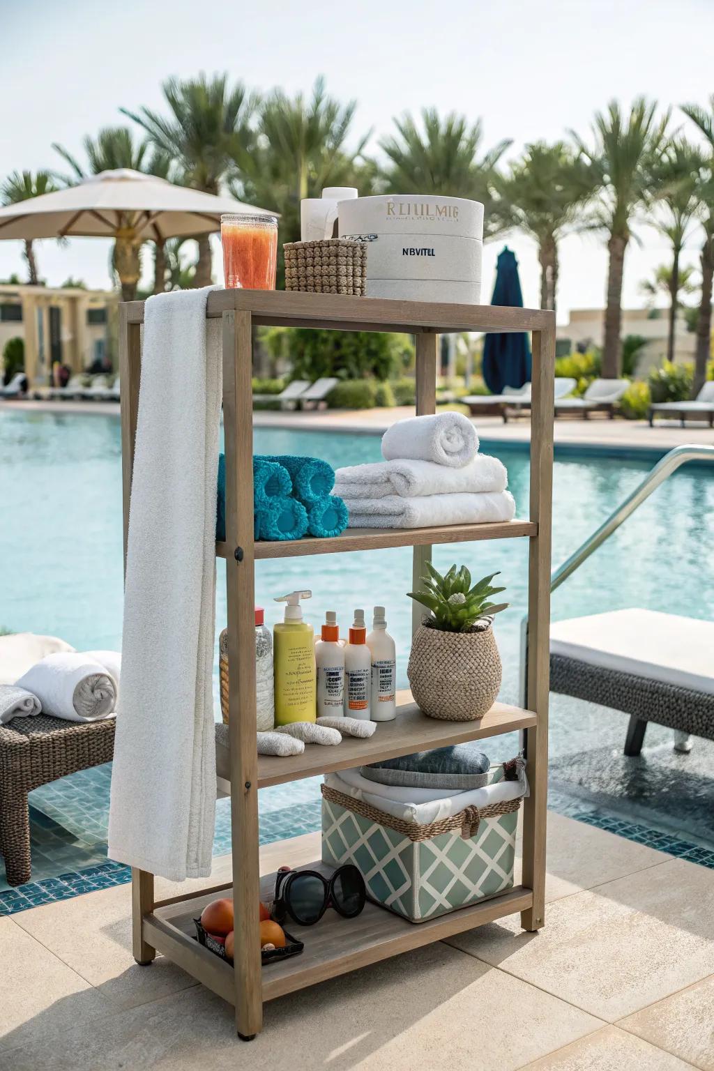 Custom shelving units provide adaptable storage for any pool area.
