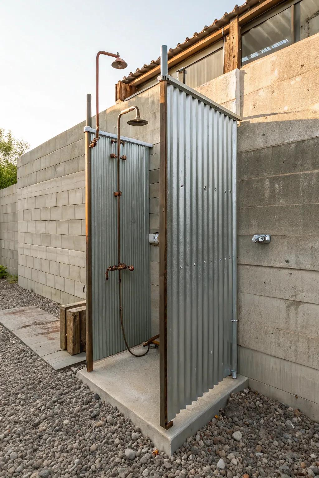 An edgy industrial style for a standout outdoor shower.