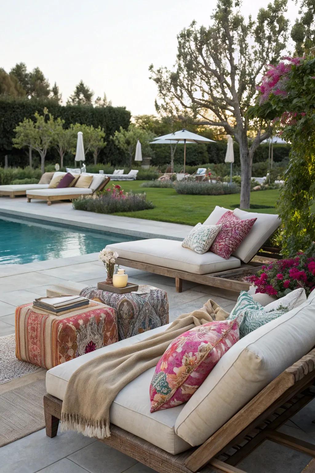 A chic poolside lounge area with comfortable cushions and throws.