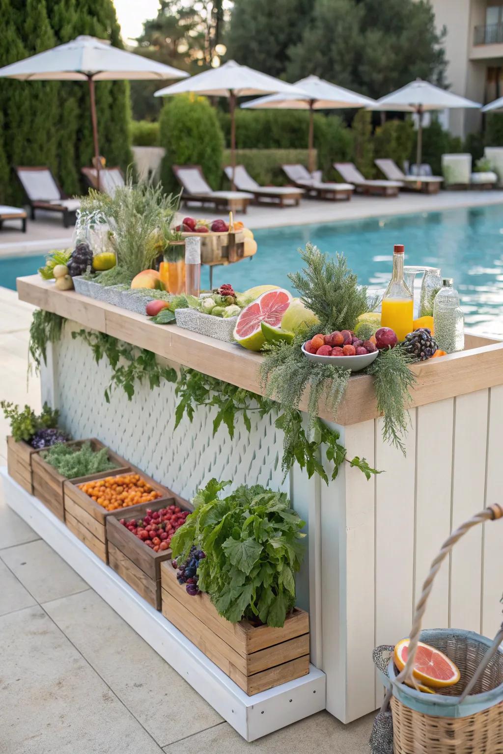 A DIY mocktail bar with fresh fruits and herbs by the pool.