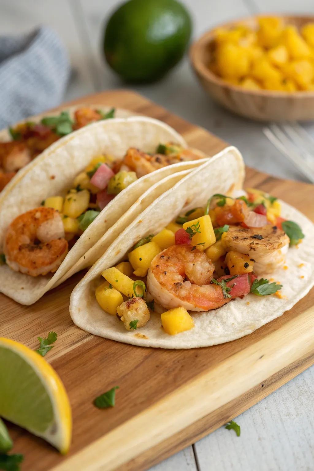 Tropical vibes with mango salsa shrimp tacos.