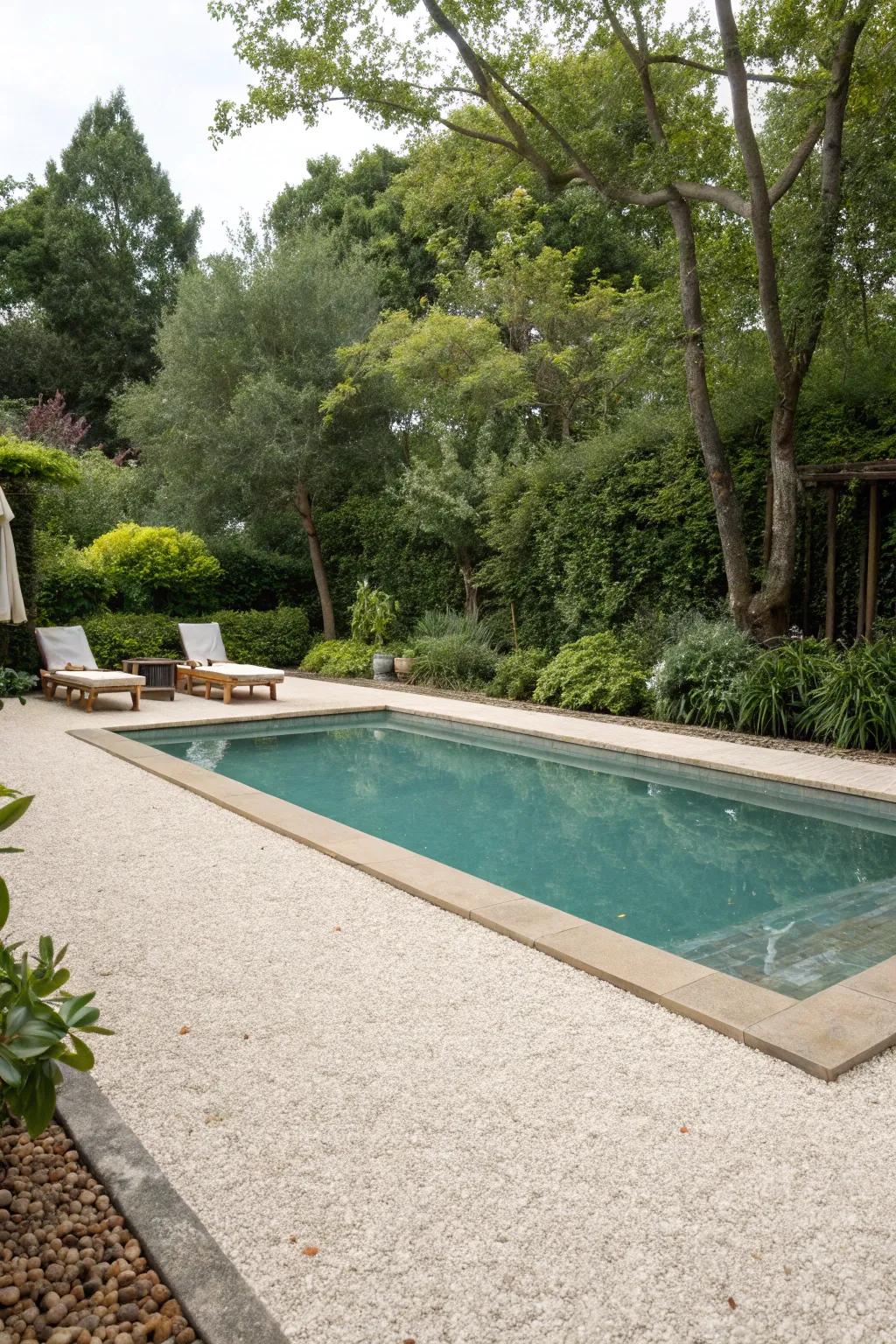 Pea gravel provides a rustic and cost-effective patio surface.