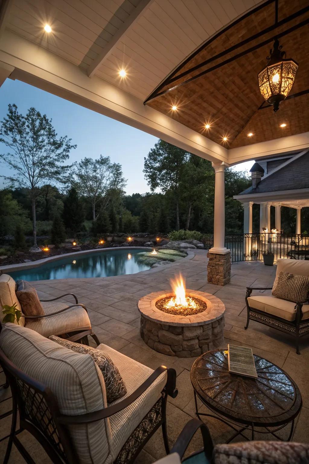 A warm and inviting pool porch with a central fire pit.