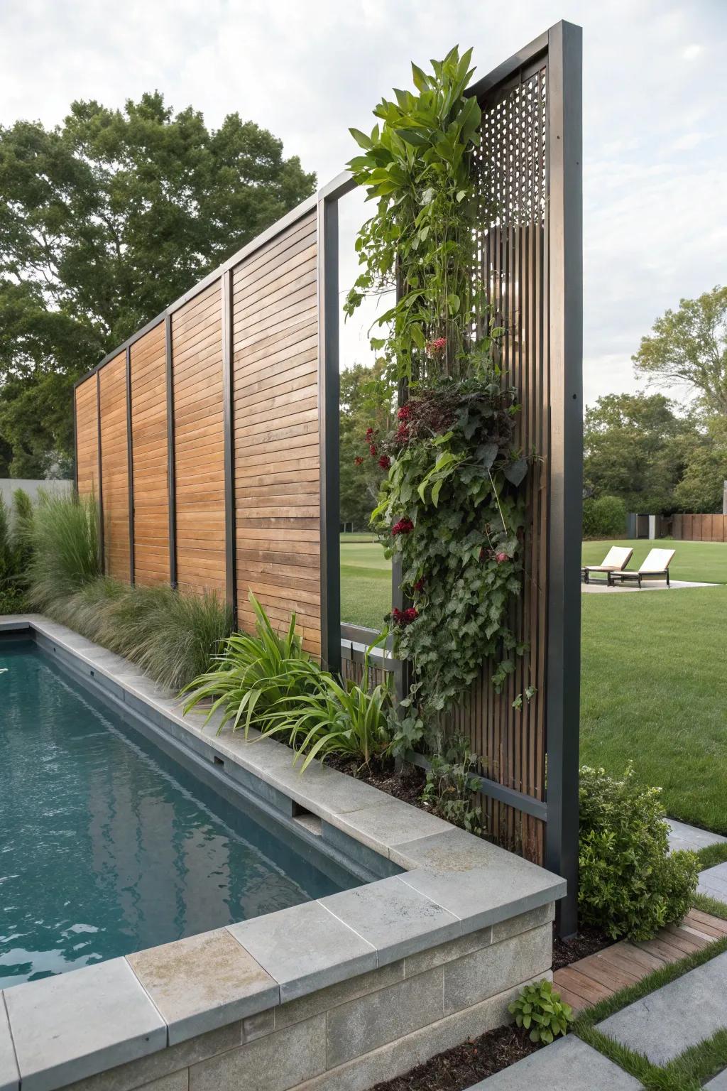 Mixing materials adds depth and interest to pool privacy screens.