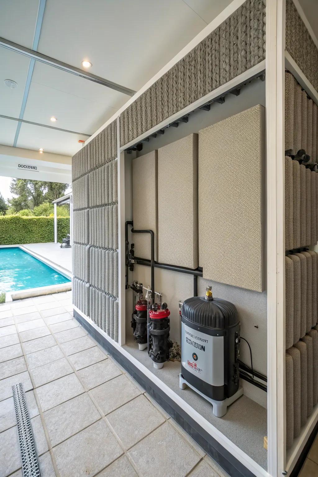 A tranquil pool pump house with noise-reducing acoustic panels.