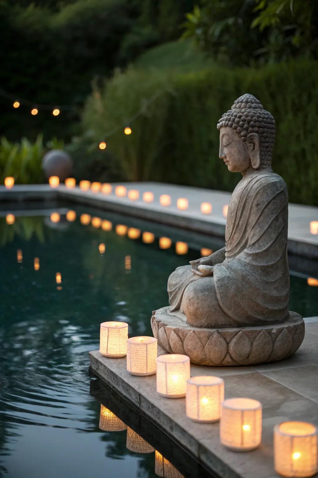 Zen-inspired elements create a serene retreat by the pool.