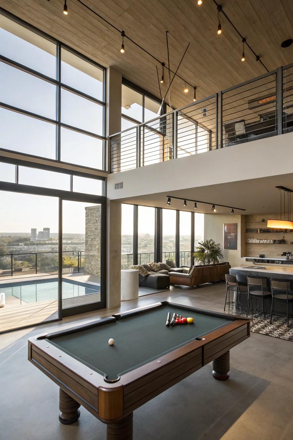 A lofted pool table setup that offers a unique perspective.