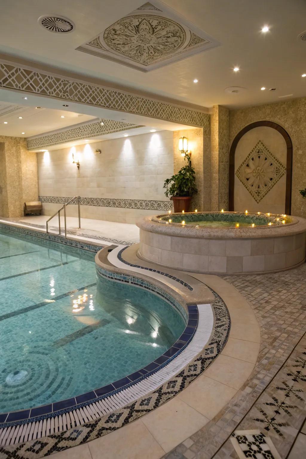 Pool with spa-like tile designs.