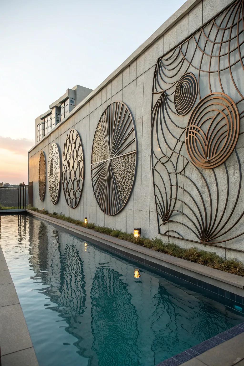 Metal wall art adds a sleek, modern touch to poolside spaces.