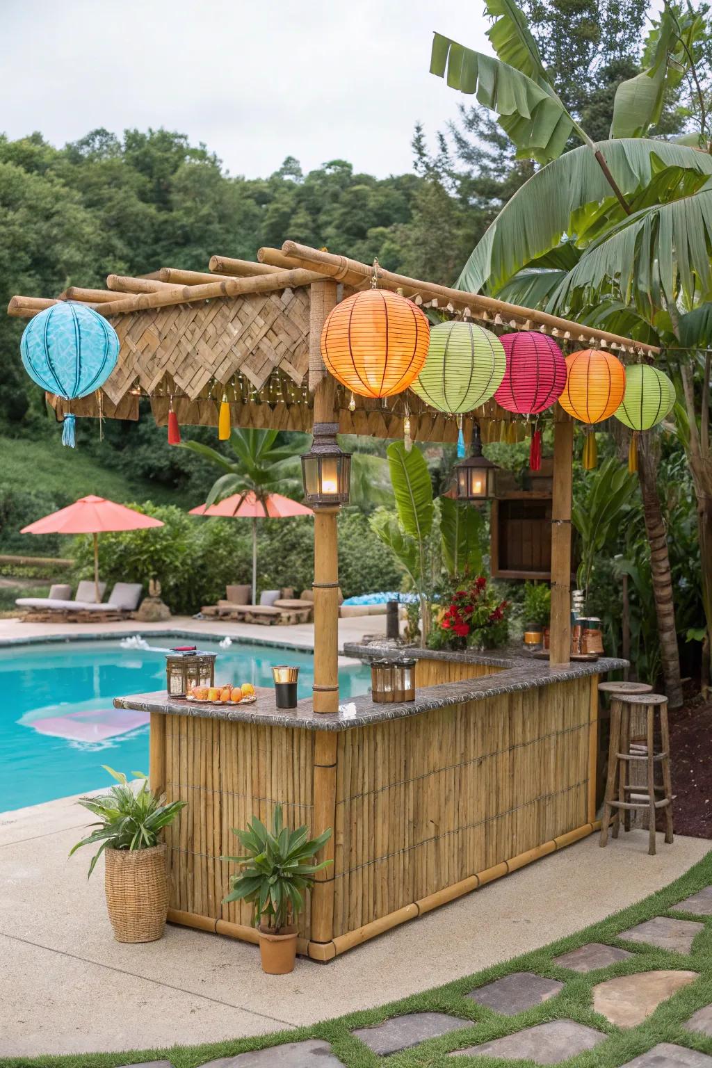 Escape to paradise with a tiki-themed pool bar.