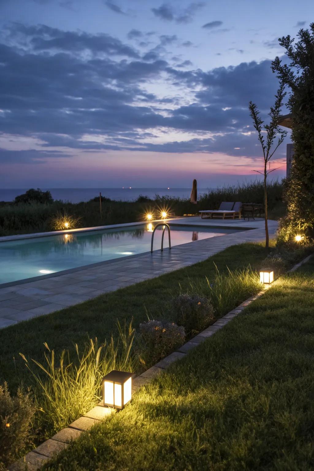 LED lighting creating a nighttime oasis around the pool.