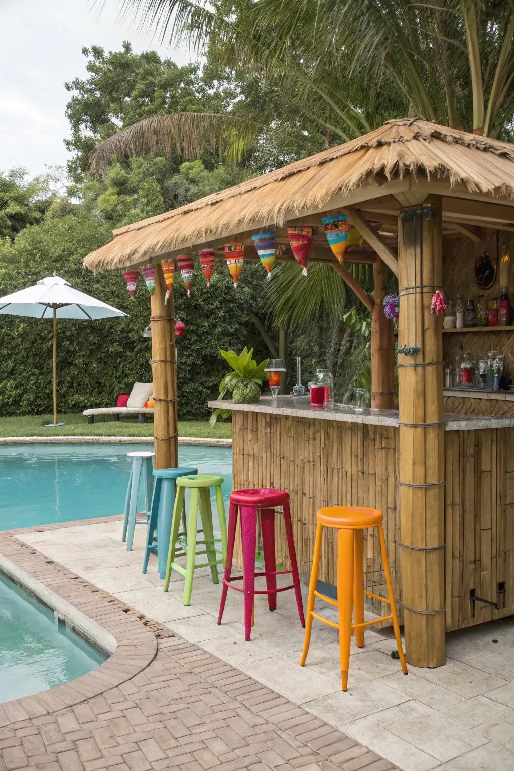 Poolside tiki bars infuse your space with a festive vacation atmosphere.
