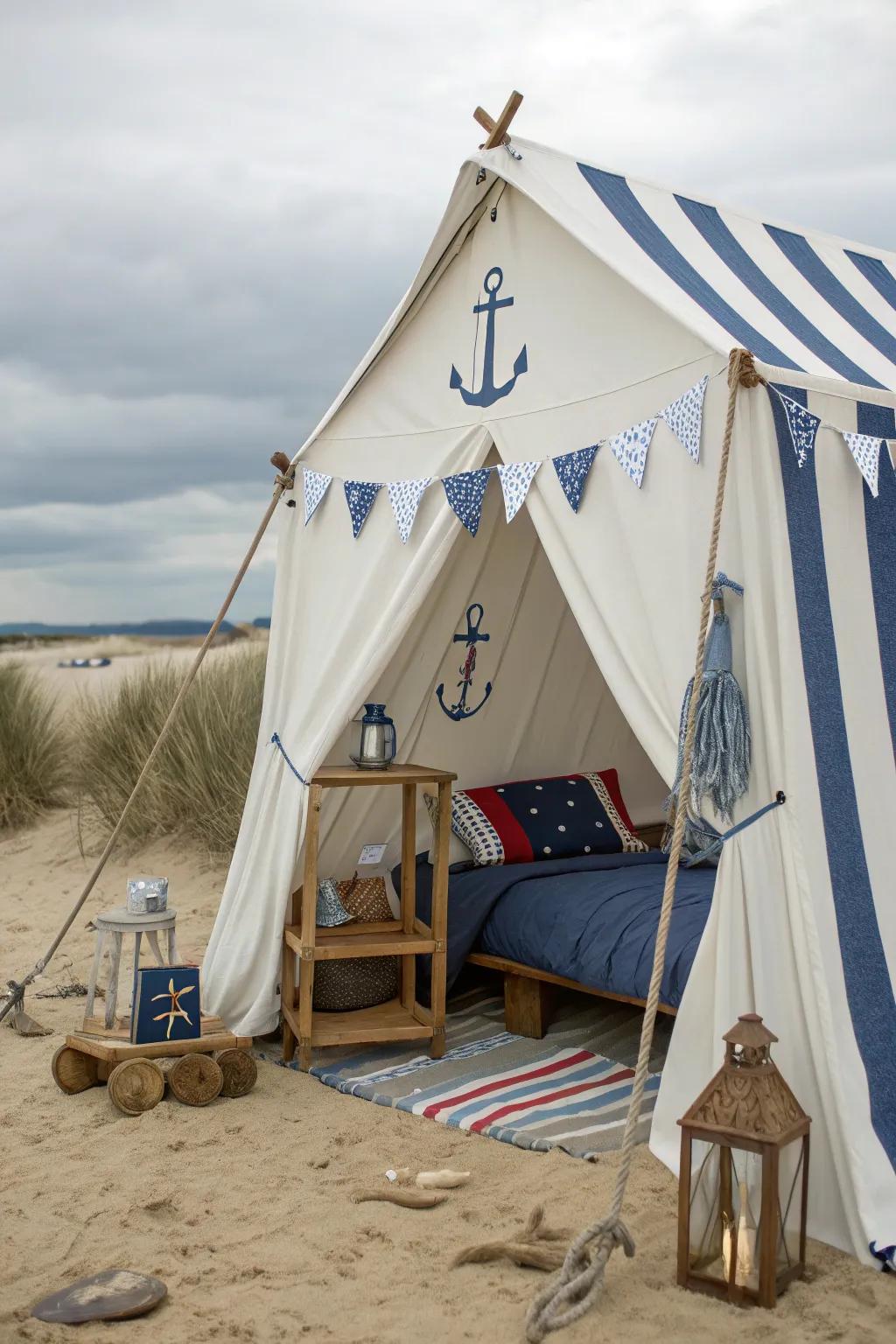 A relaxing coastal vibe with a seaside escape tent theme.