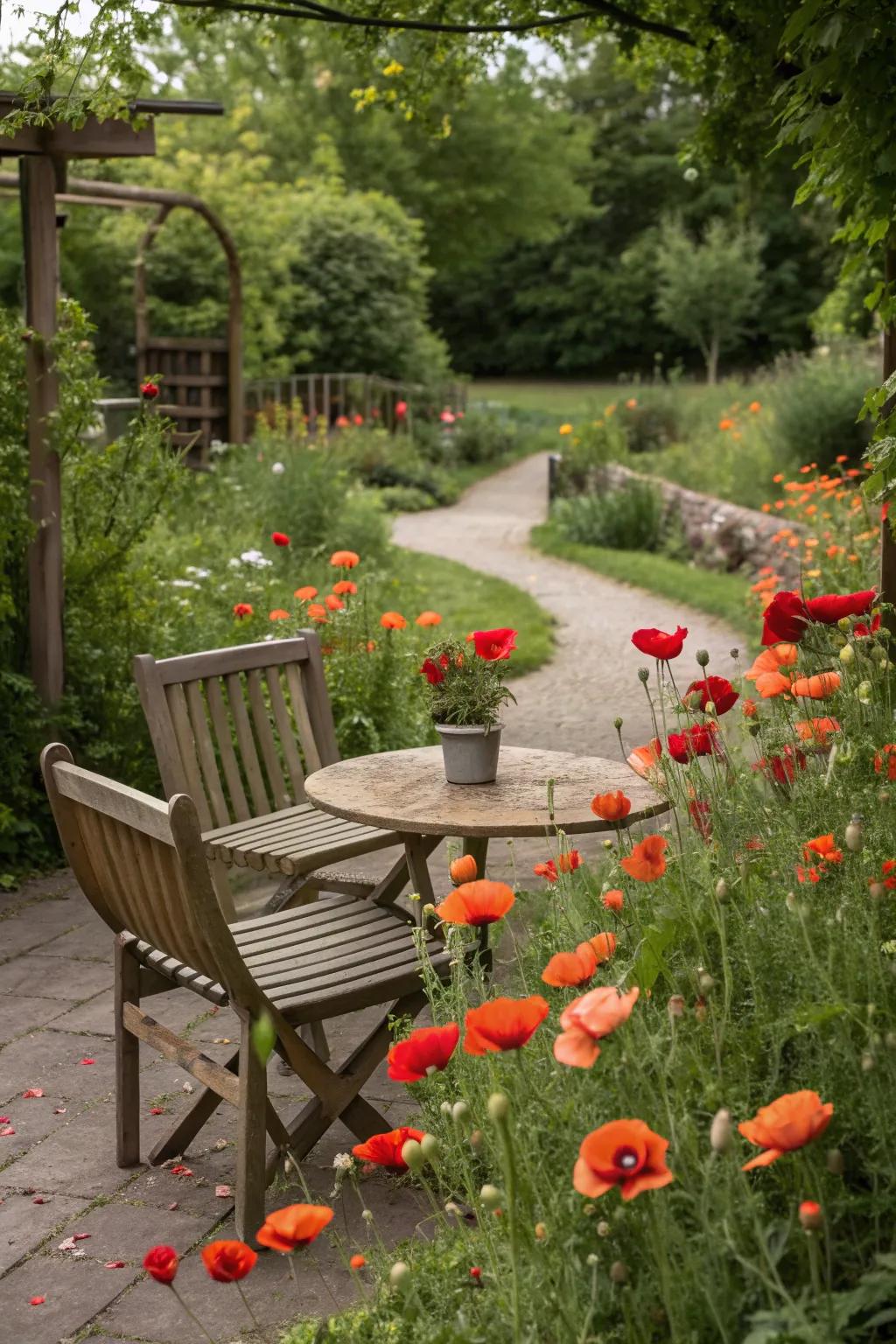 A relaxing seating area enveloped by vibrant poppies.