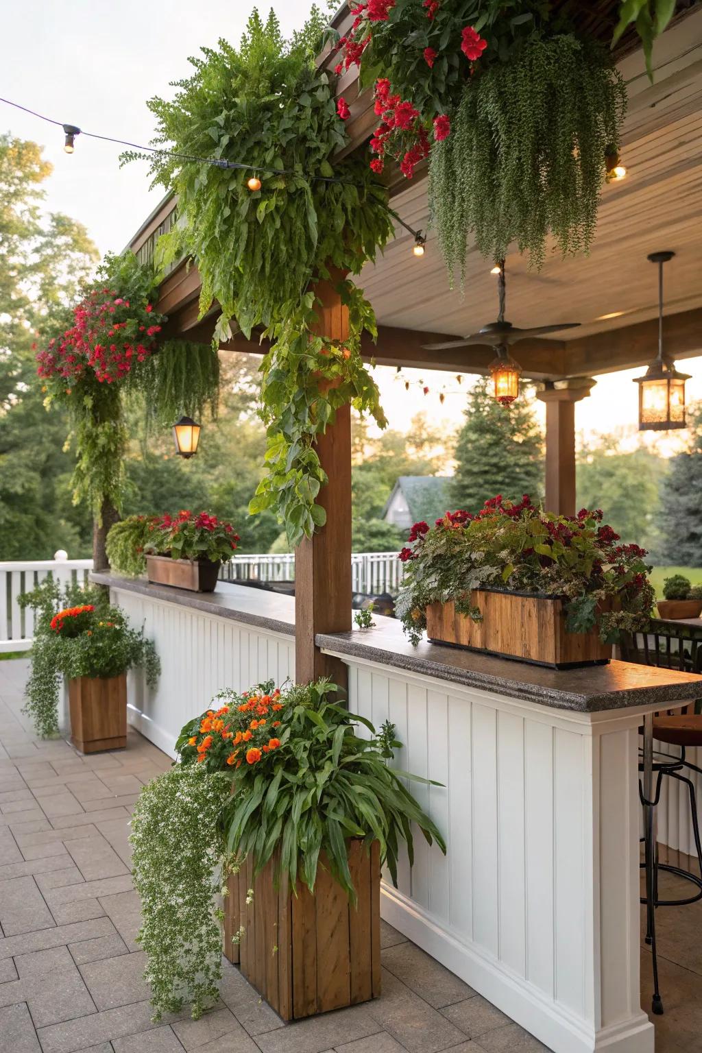 Potted plants add a refreshing touch of nature to your porch bar.