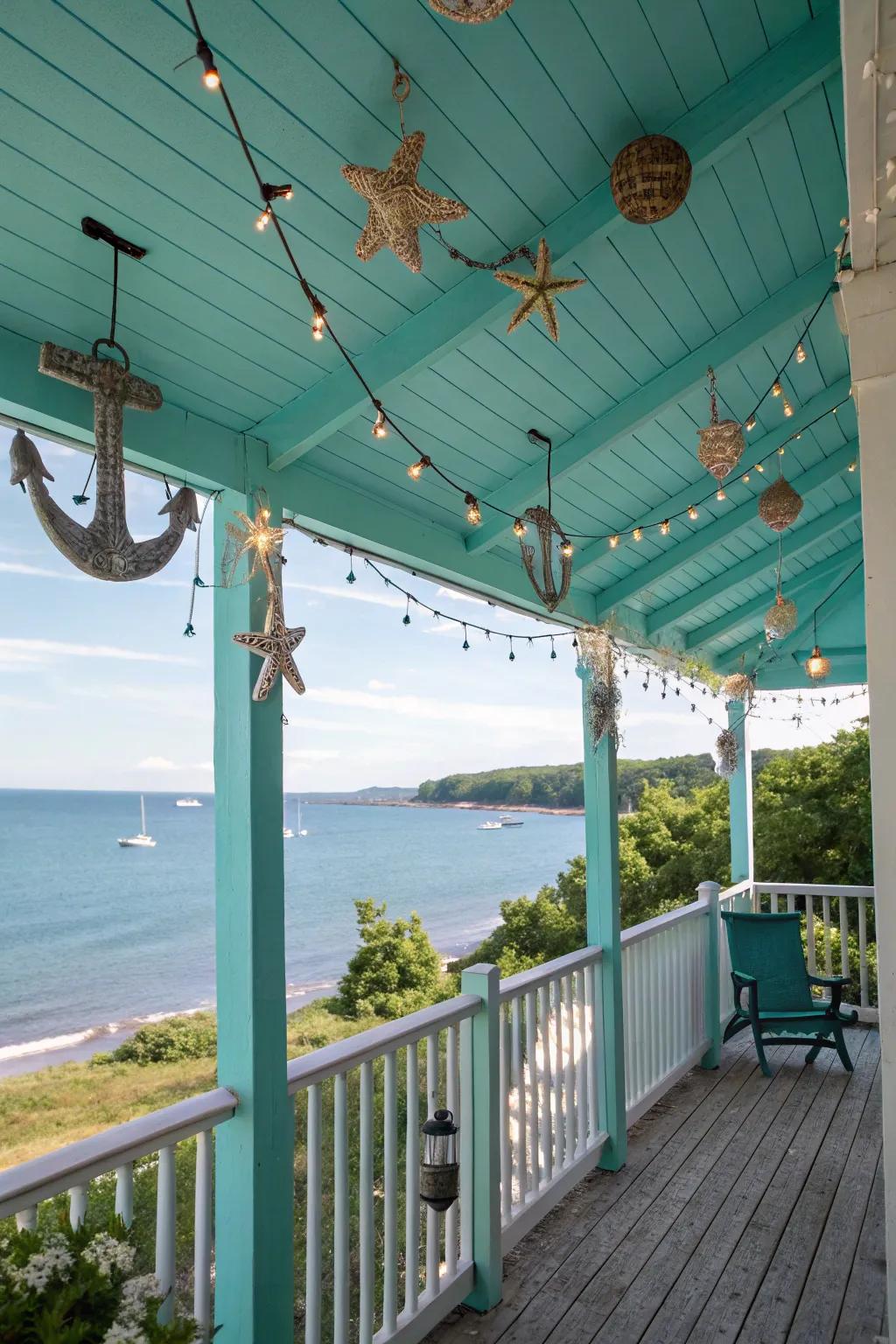 Oceanic teal ceilings evoke a fresh, beachy atmosphere.