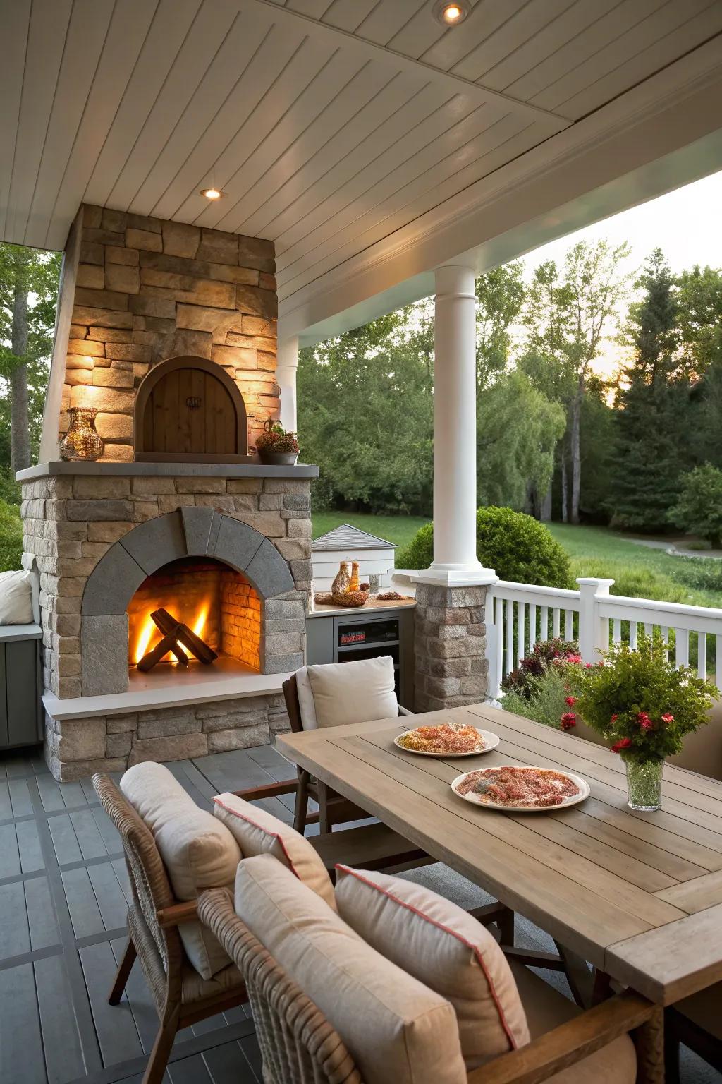 Delight in a dual-purpose fireplace and pizza oven on your porch.