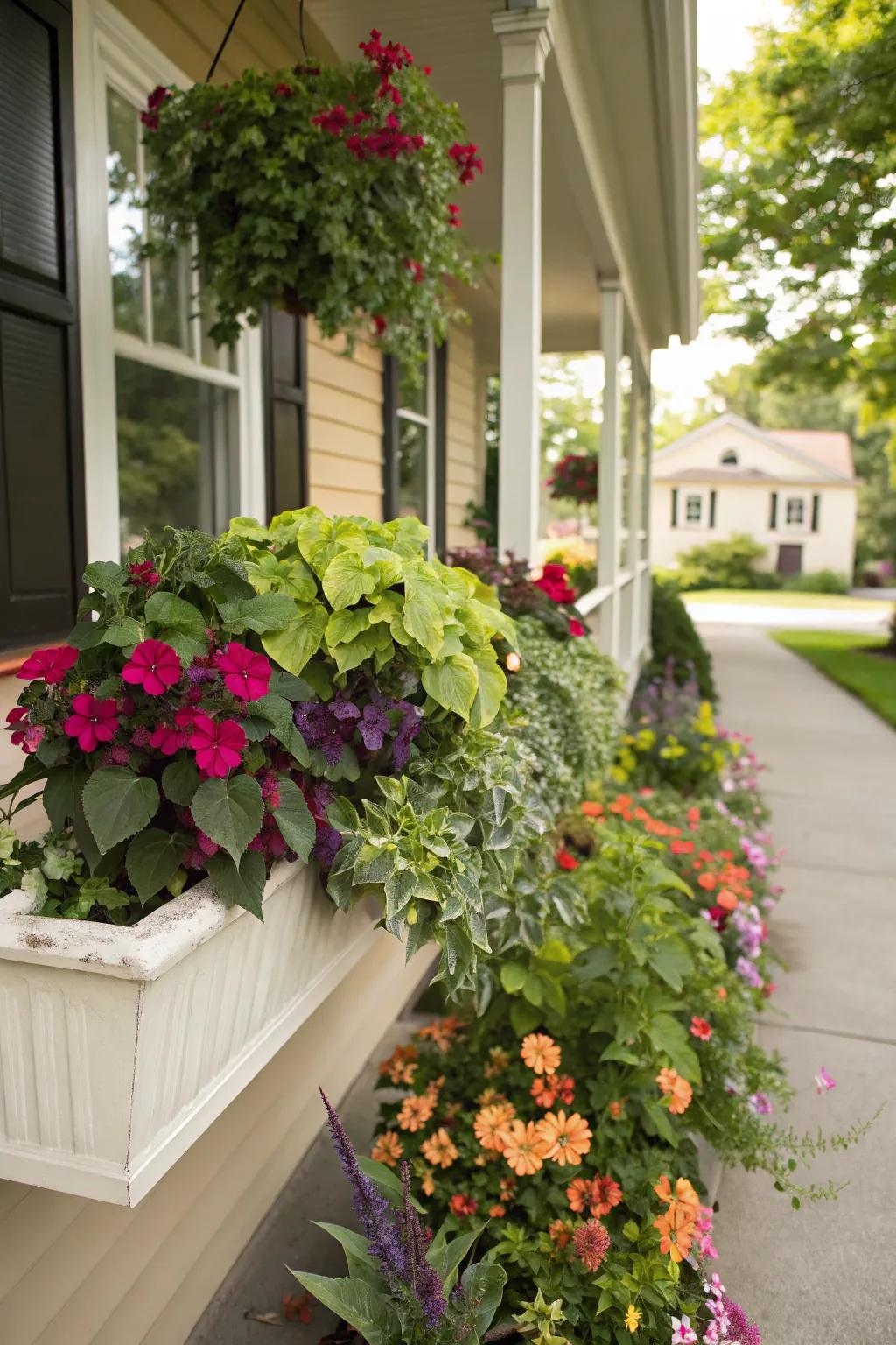 Greenery adds texture and fullness to flower boxes.
