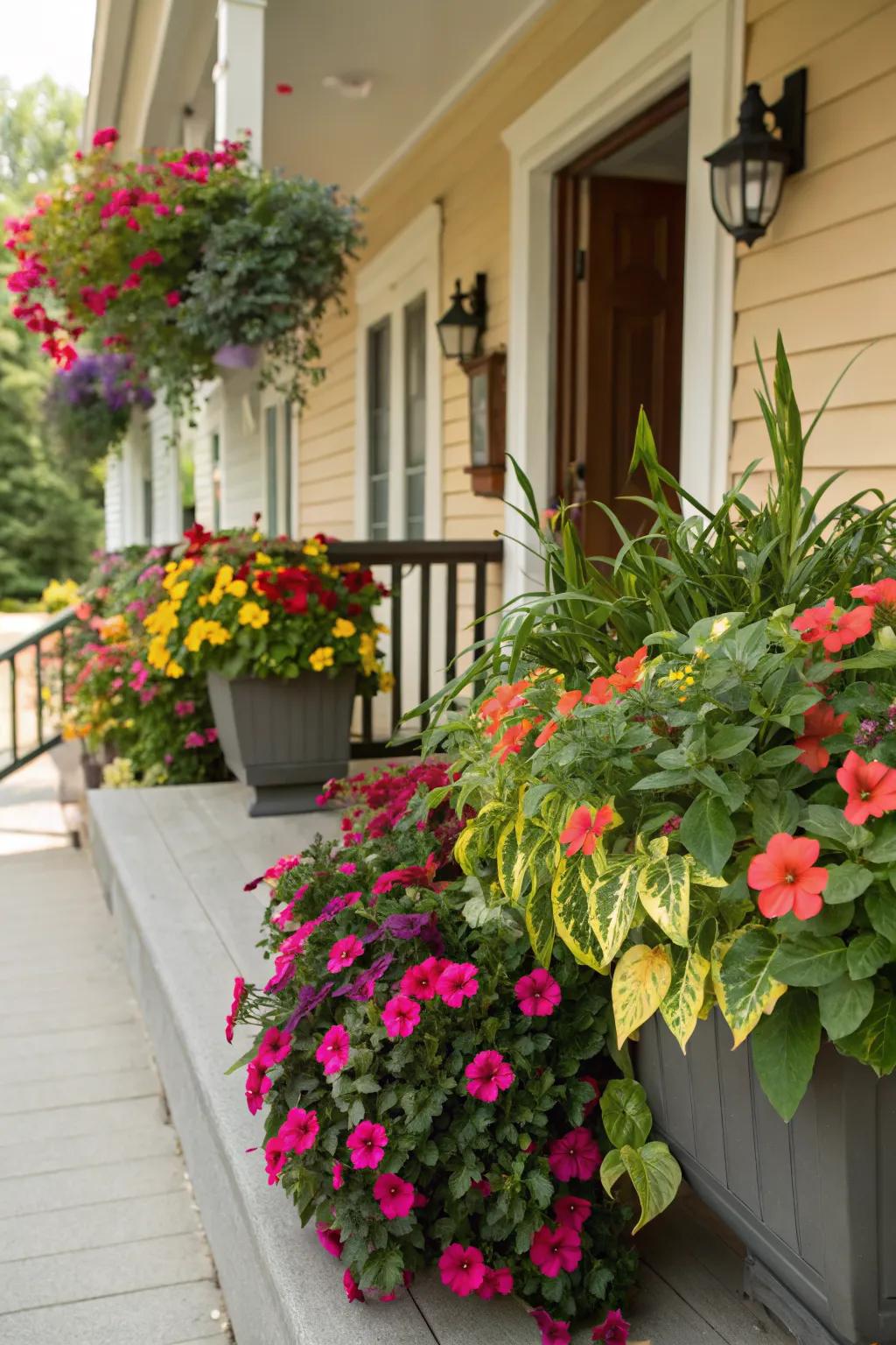 Mixing flowers with greenery creates a lush and dynamic porch display.