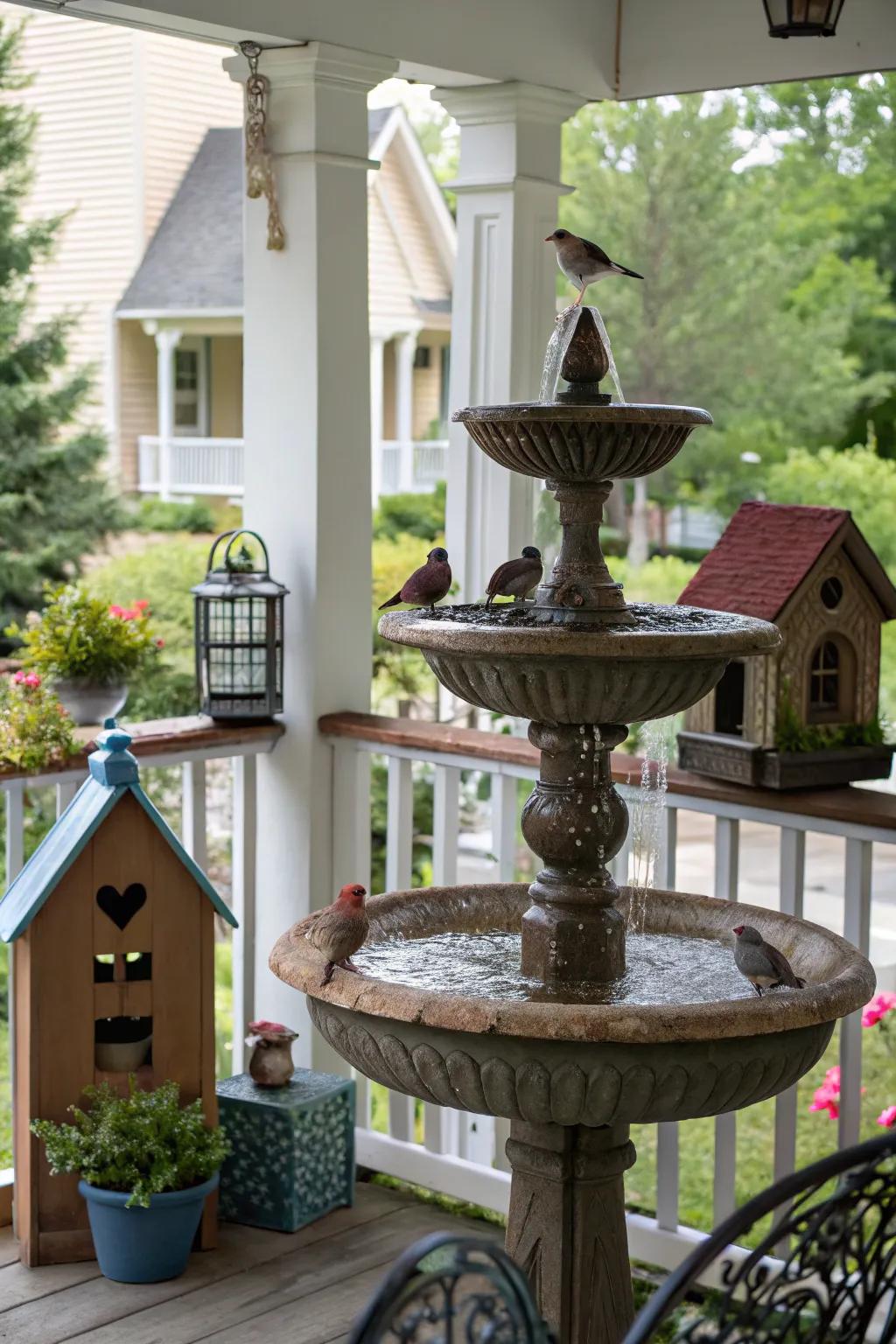 A bird-friendly fountain invites nature to your porch.