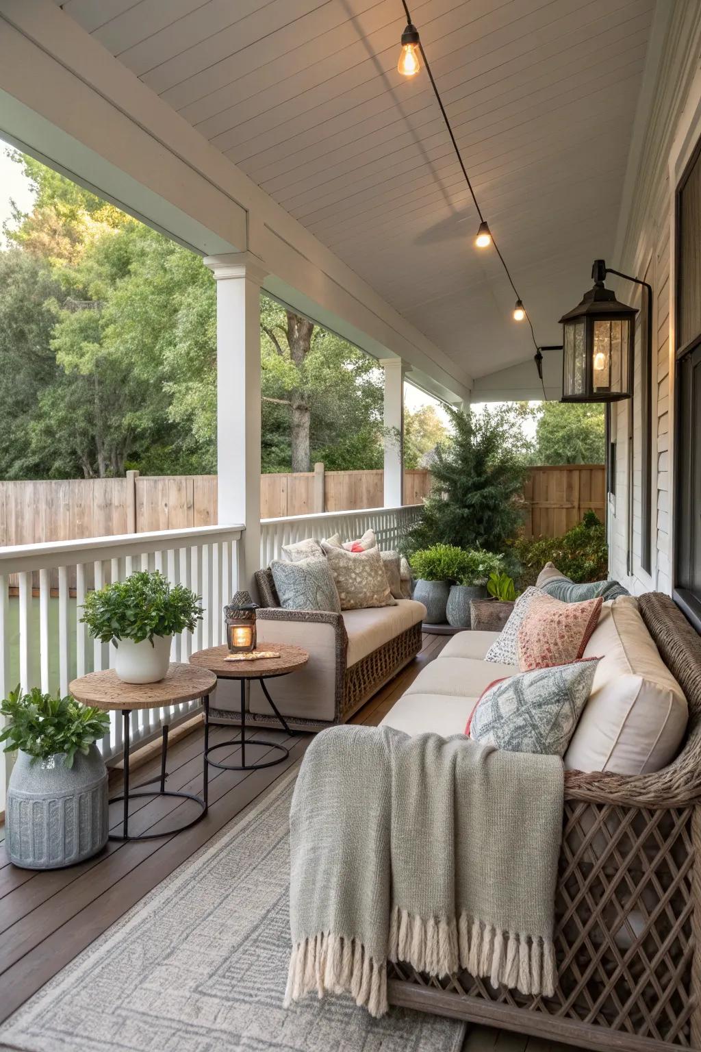 A covered porch transformed into a serene lounge area.