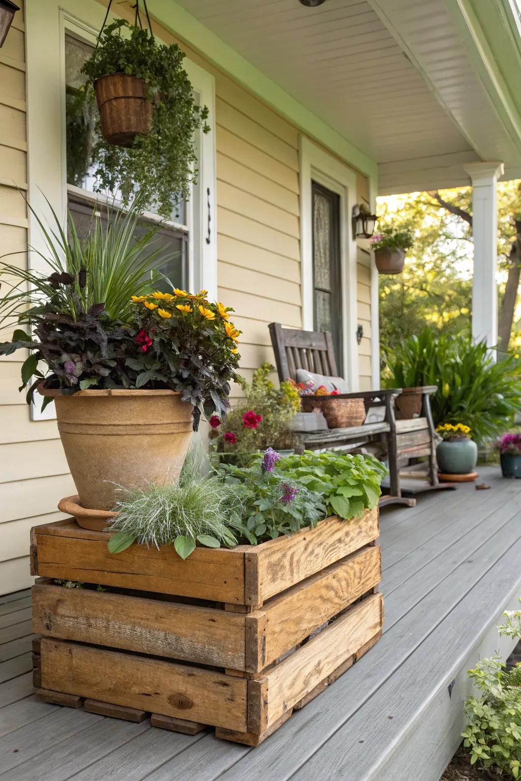 Repurposed vintage containers add character to the porch.