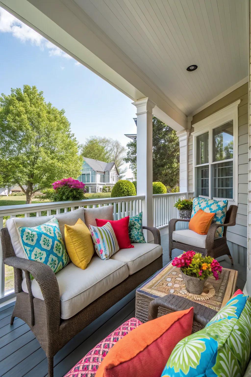 Colorful throw pillows add personality and comfort to your porch.