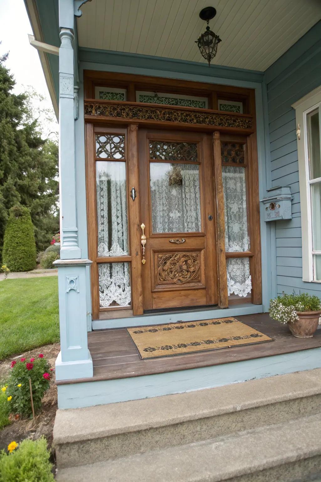A detailed door and mat enhance the porch's entrance appeal.
