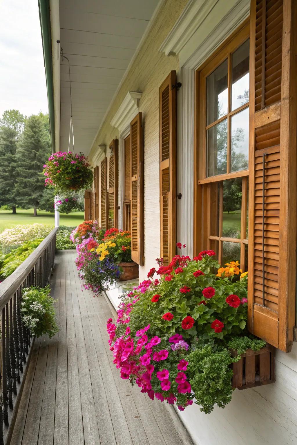 Window boxes filled with vibrant flowers.