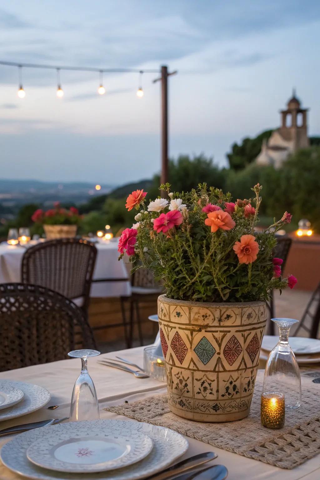 A portulaca centerpiece brings life and color to outdoor dining.