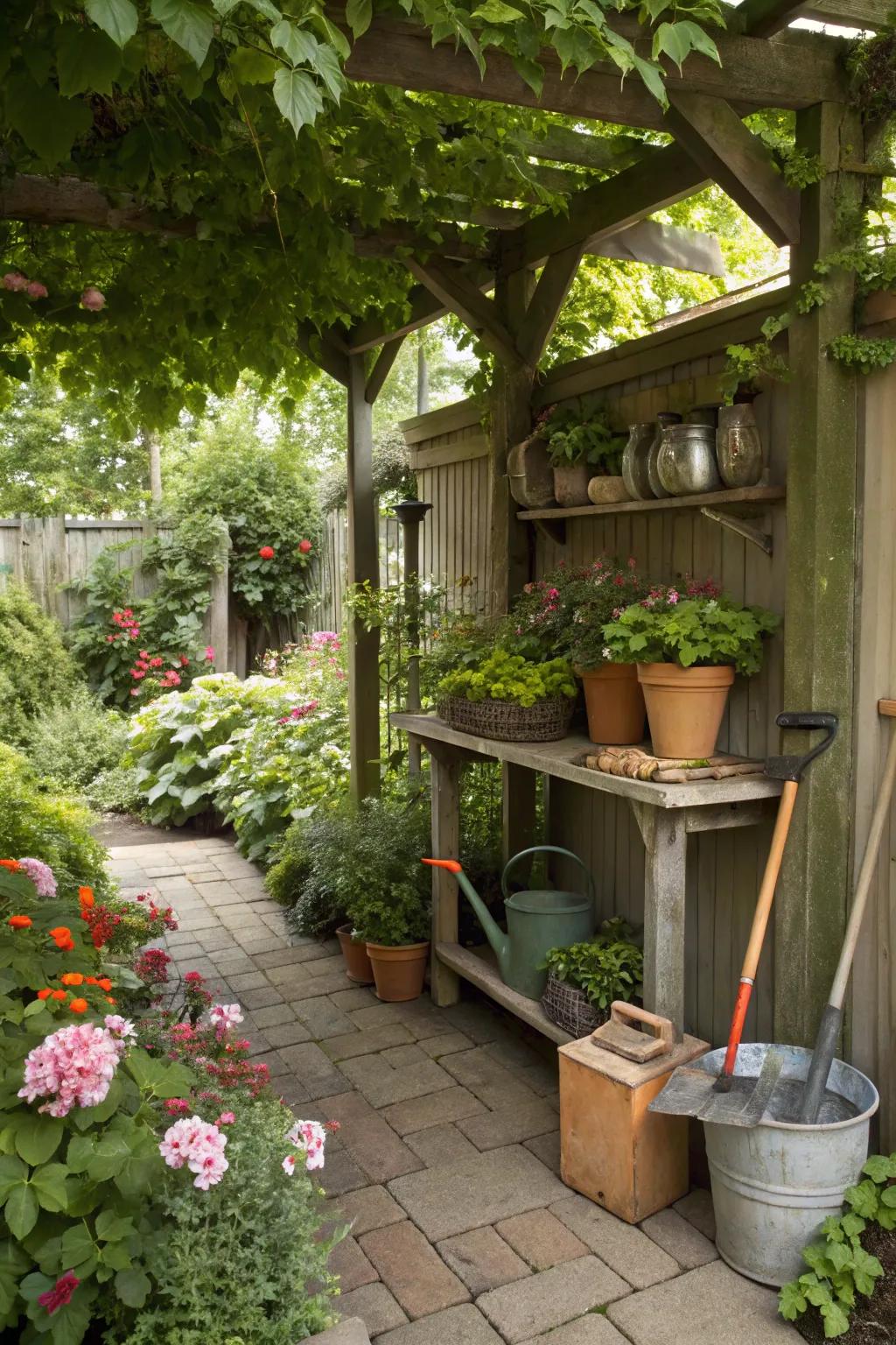 A sheltered potting nook offers comfort and protection.