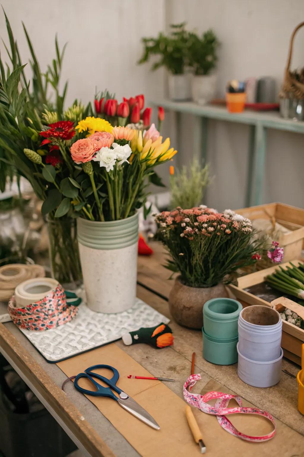 A flower arranging station on a potting bench, perfect for bouquet creation.