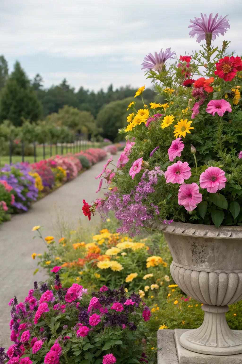A vibrant floral display featuring a mix of colorful blooms in the garden.