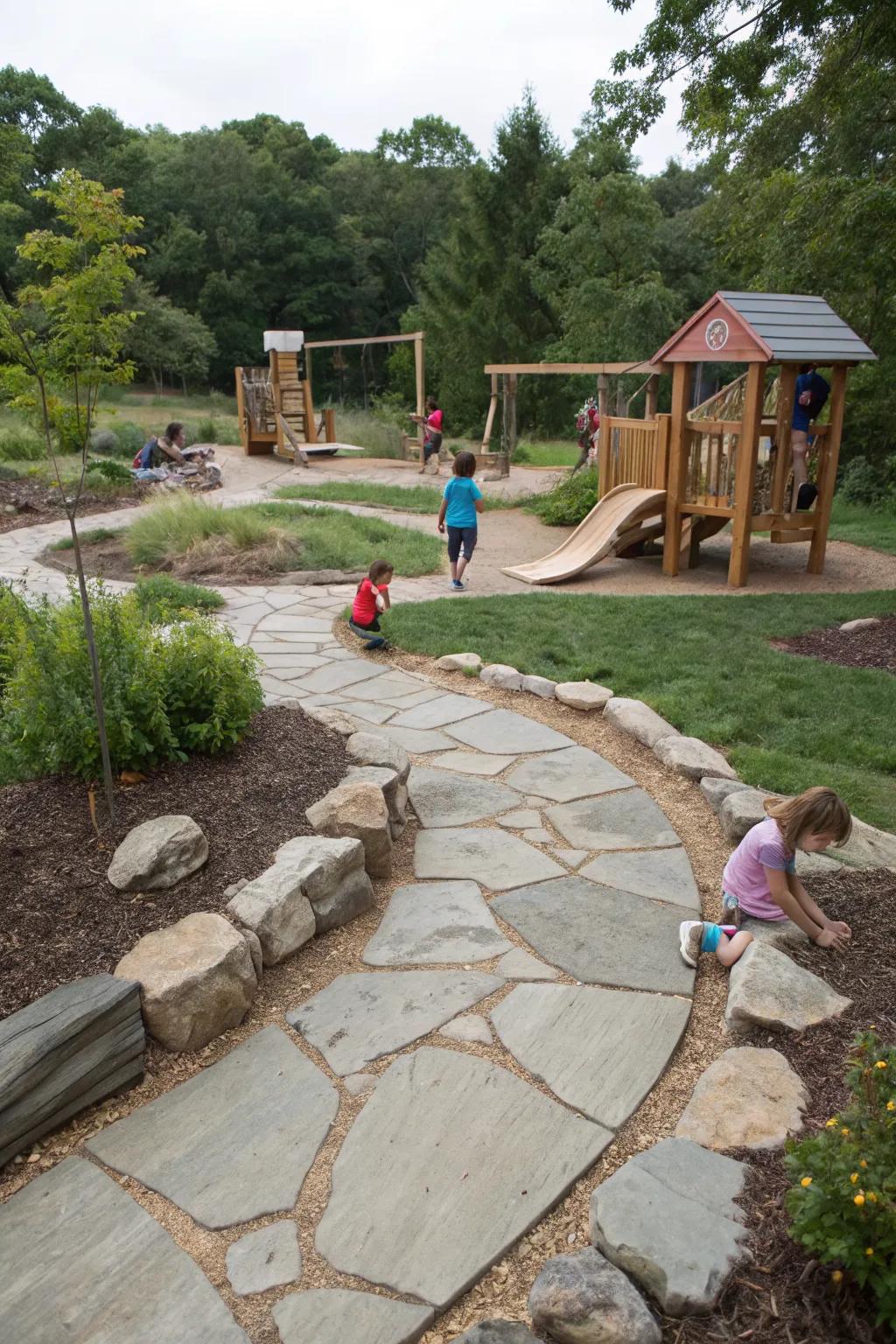Charming stone pathways inviting exploration and adventure in a natural playground.