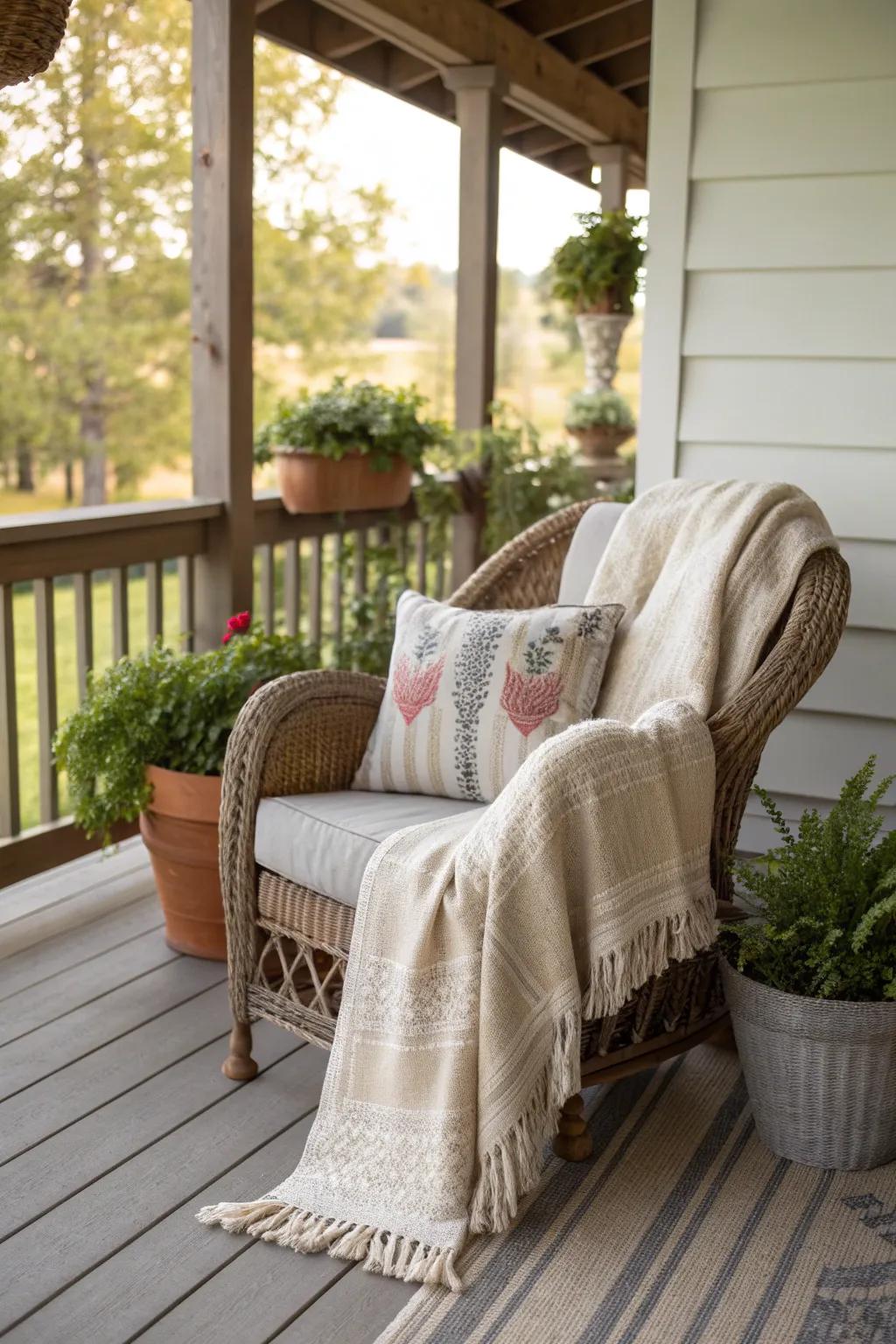 A cozy porch with a throw blanket and decorative pillows.