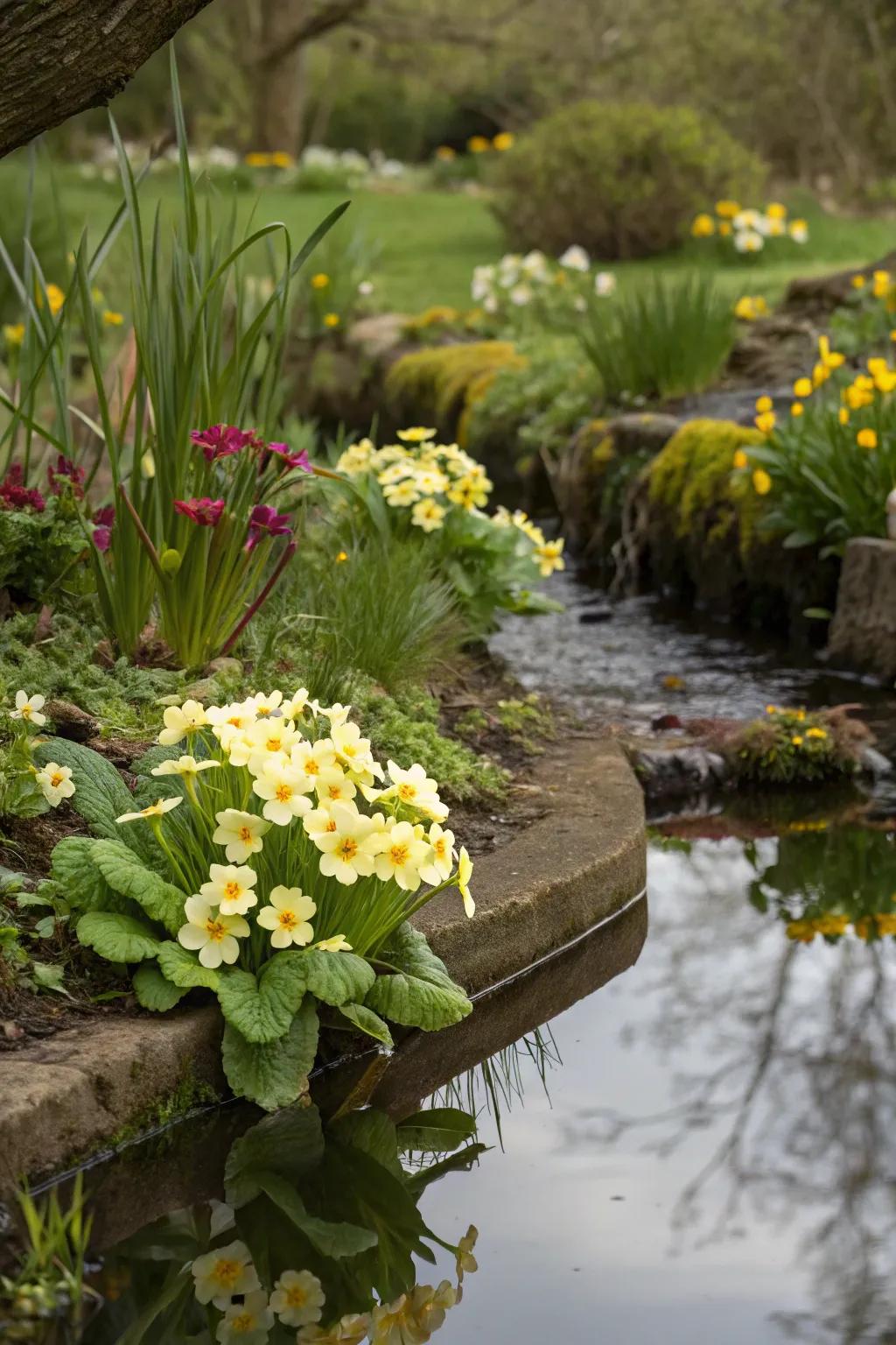 Primroses around a water feature create a tranquil retreat.
