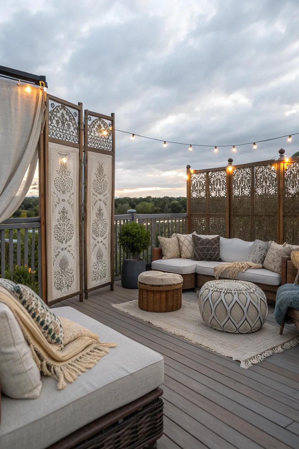Cozy furniture arrangements offer functional privacy in this outdoor space.