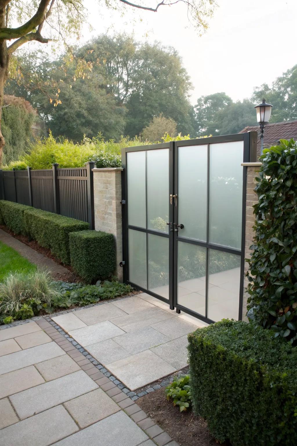 Frosted glass panels bring modern elegance to double gates.