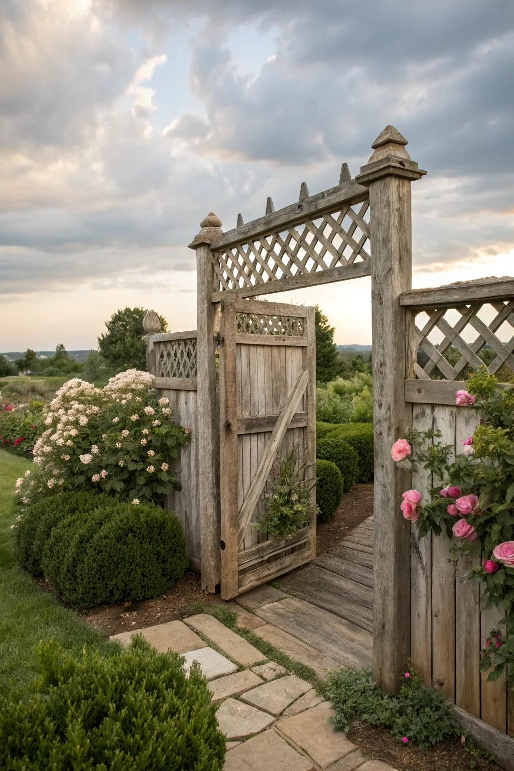 A cedar gate with lattice work adding privacy and charm.
