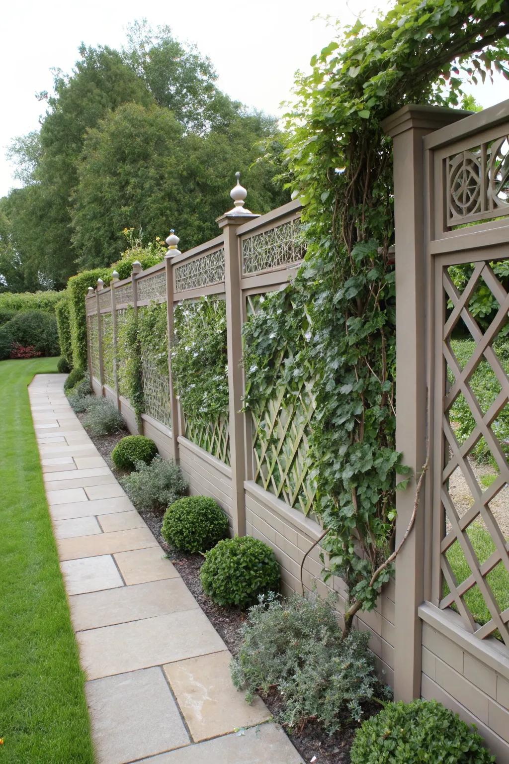 Artistic panels and plants combine for an elegant privacy solution.