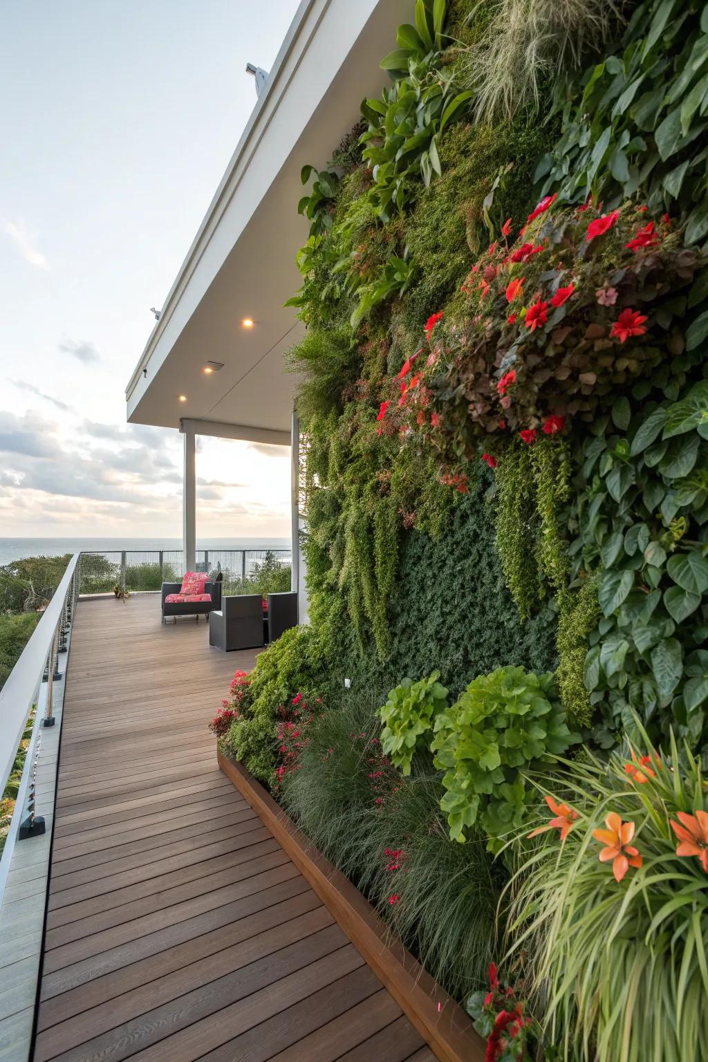 A living wall creates a vibrant and private deck space.