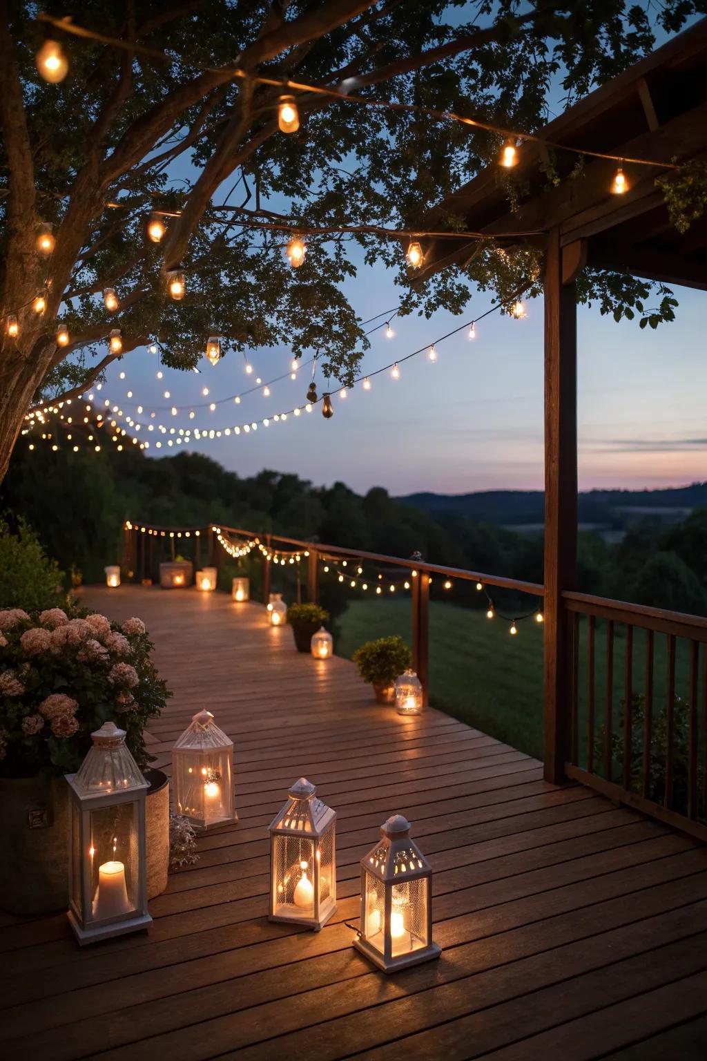 Ambient lighting enhances the deck's evening ambiance.