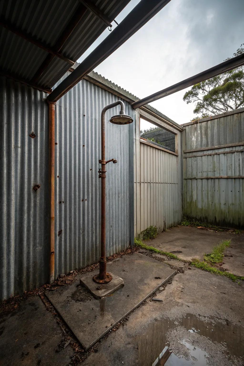 Industrial edge with metal and concrete for a modern, urban shower design.