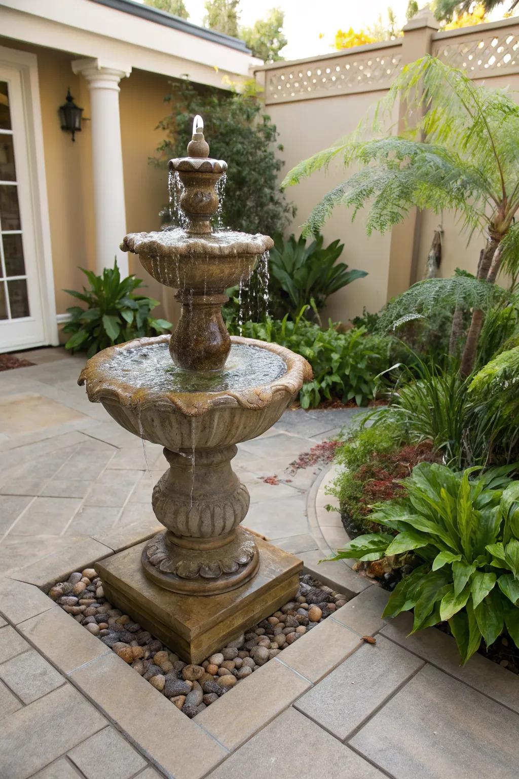 A water feature adds soothing sounds and serenity.