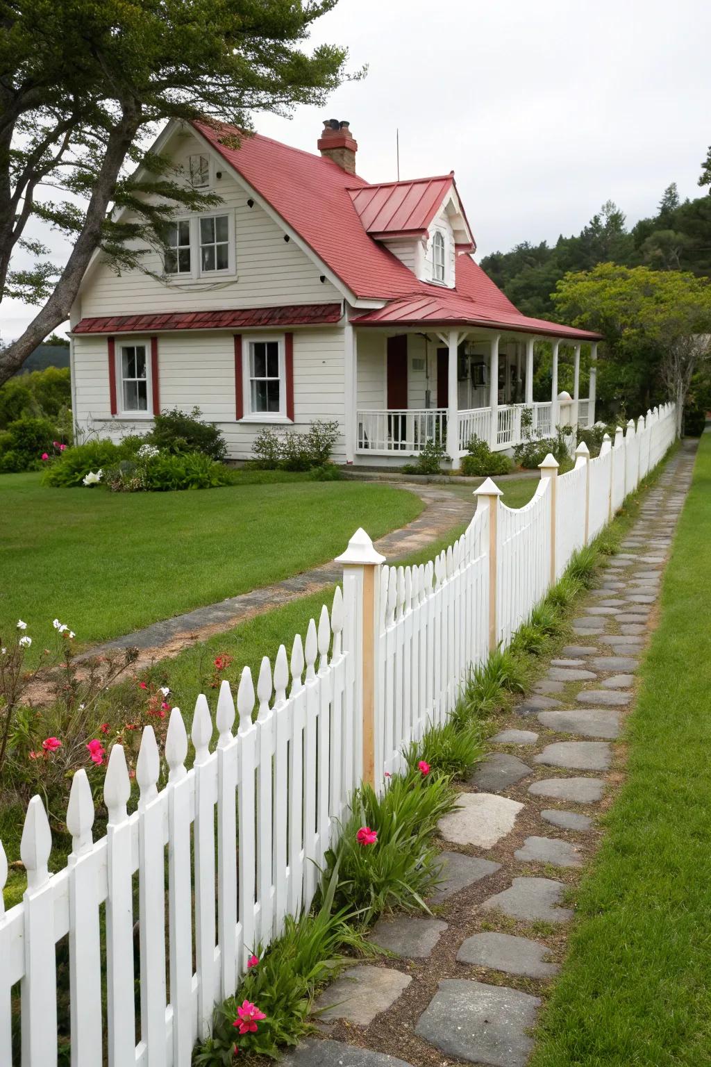 Traditional white picket fence enhancing curb appeal.