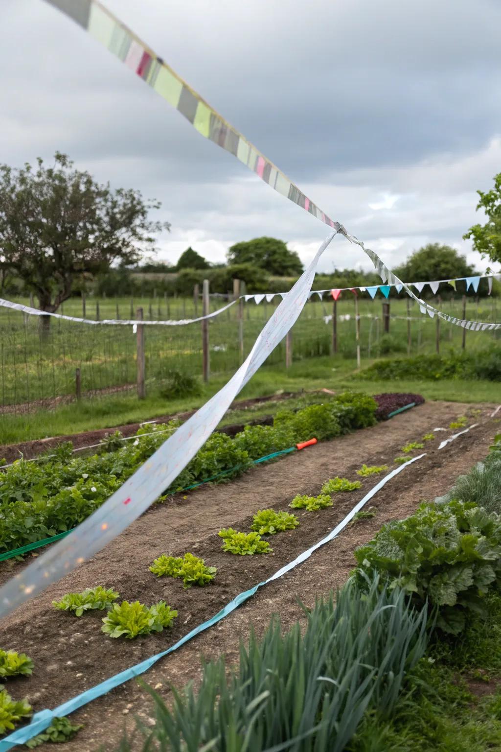 Reflective tape protecting a vegetable patch from birds.