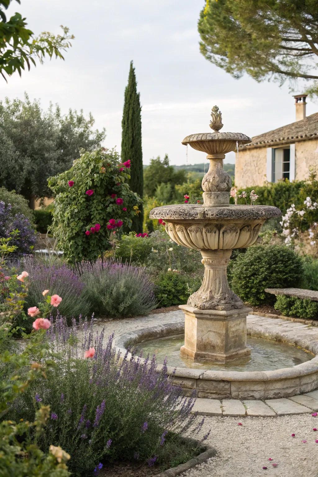 A stone fountain adding tranquility to the garden.