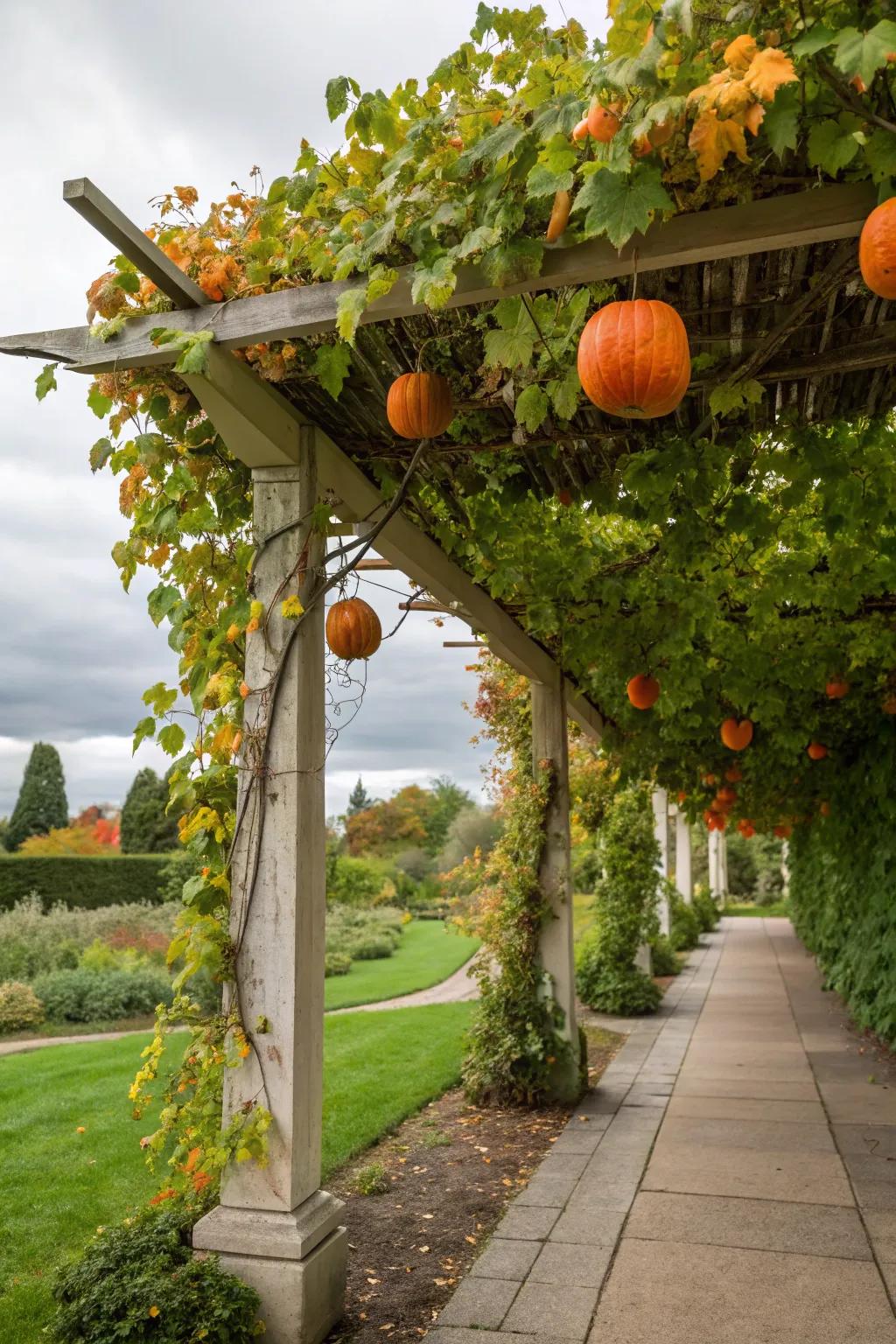 A pergola transformed with pumpkin vines, offering a magical garden entrance.
