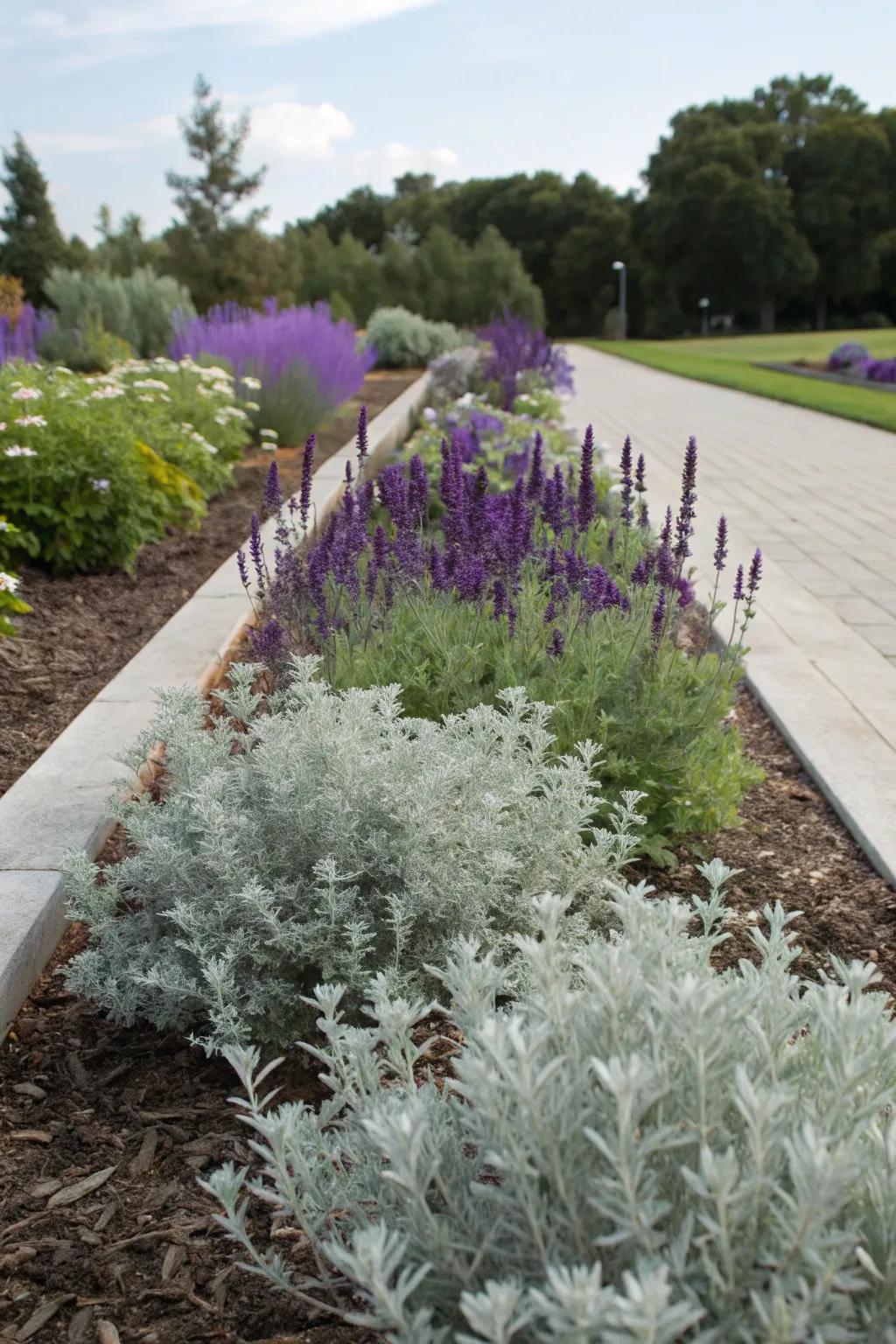 Silver and purple create a harmonious garden palette.